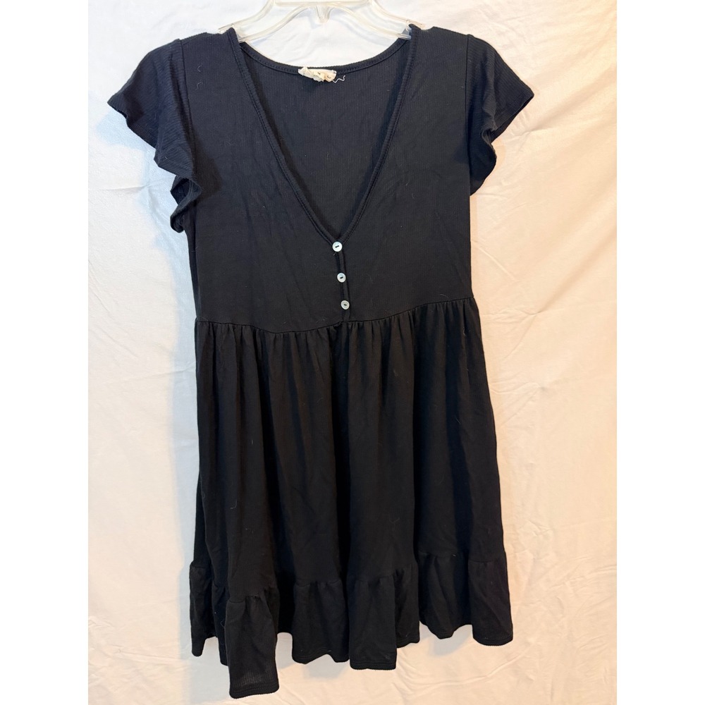 See You Monday Black Ribbed V-Neck Flutter Sleeve Babydoll Dress D7772 Size M